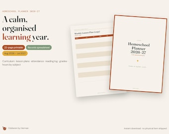 Homeschool Planner 2026 2027 Printable, Lesson Plan, Attendance Tracker, Homeschool Records Spreadsheet, Reading Log, A4 US Letter