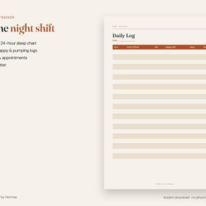 Puede incluir: Un rastreador de registro diario imprimible para el turno de noche sobre un fondo beige con texto oscuro. El documento incluye columnas para hora, alimentaci&oacute;n, minutos, pa&ntilde;ales, sue&ntilde;o y notas, con el encabezado Daily Log.