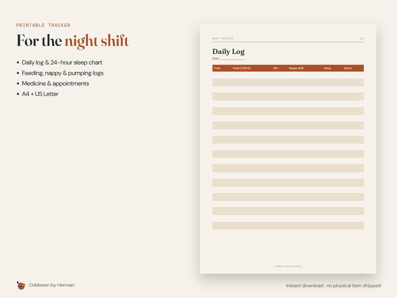 Puede incluir: Un rastreador de registro diario imprimible para el turno de noche sobre un fondo beige con texto oscuro. El documento incluye columnas para hora, alimentaci&oacute;n, minutos, pa&ntilde;ales, sue&ntilde;o y notas, con el encabezado Daily Log.