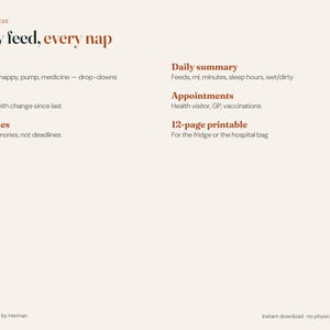 Puede incluir: Una hoja de informaci&oacute;n digital titulada What's Inside Every feed, every nap. Enumera caracter&iacute;sticas como Log, Growth, Milestones, Daily summary, Appointments y 12-page printable. Texto en marr&oacute;n oscuro y naranja sobre un fondo crema.