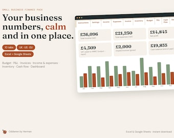 Small Business Finance Pack, Bookkeeping Template, Invoice, Profit and Loss, Expense Income Tracker, Inventory, Excel Google Sheets