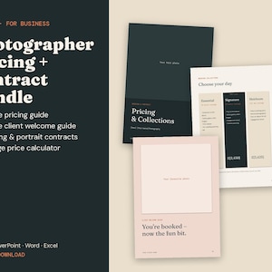 Plantilla de guía de precios de fotografía, guía de bienvenida para clientes, contrato de fotografía, hoja de cálculo para calcular precios de paquetes, editable en Canva.