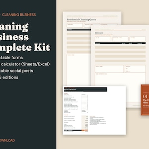 Kit para negocios de limpieza: 30 formularios, presupuesto y factura, calculadora de precios (Google Sheets y Excel), 60 publicaciones para redes sociales (Canva, Reino Unido y EE. UU.).