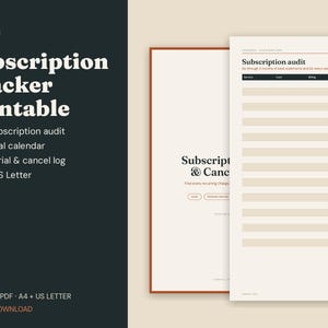 Planilha de Controle de Assinaturas para Imprimir, Planejador de Cancelamento de Assinaturas, Rastreador de Períodos de Teste Gratuito, Calendário de Renovação, Auditoria de Contas Mensais, Formato A4 (Carta Americana) em PDF