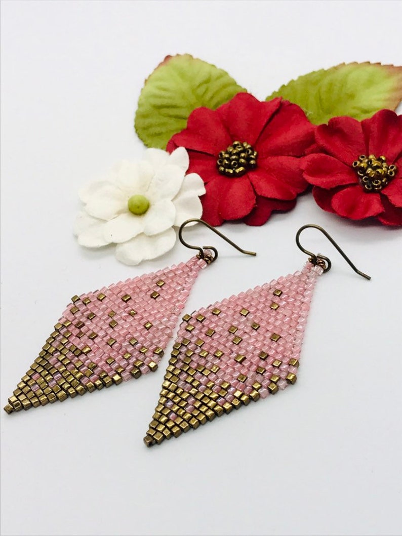 Seed Bead Earrings Pink Lined and Dark Gold Diamond Shaped Etsy