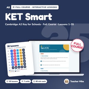 Op de afbeelding: Een digitale educatieve cursus genaamd KET Smart voor Cambridge A2 Key for Schools, met 35 lessen verdeeld over 7 eenheden. Het scherm toont een laptop met een leesvaardigheidsles en een lesplankaart met kleurgecodeerde iconen.