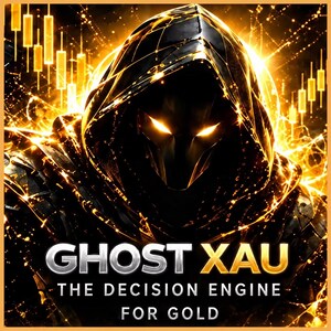 May include: A hooded figure with glowing yellow eyes surrounded by golden light and financial candlestick charts. The text reads GHOST XAU THE DECISION ENGINE FOR GOLD in bold white and yellow lettering against a dark background.