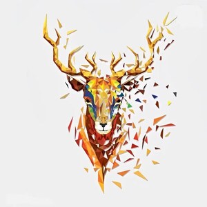 May include: A geometric deer head illustration composed of multicolored triangular shards in shades of gold, orange, red, and blue. The design features a fragmented, exploding effect with scattered geometric pieces surrounding the antlers.