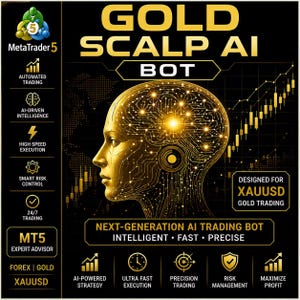 May include: A black digital graphic featuring the text GOLD SCALP AI BOT and MetaTrader 5. A golden human head silhouette with circuit board patterns is centered. The design includes icons for automated trading, risk control, and market charts.
