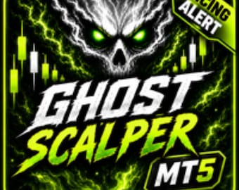 Könnte beinhalten: Eine quadratische digitale Grafik mit einem stilisierten Totenkopf mit leuchtend grünen Augen und elektrischer Energie. Der Text lautet GHOST SCALPER MT5 mit einem PRICING ALERT Banner. Im Hintergrund sind Kerzenchart-Muster zu sehen.
