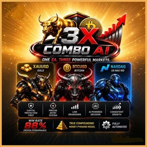 May include: A digital graphic titled 3X COMBO AI featuring a golden bull, a Bitcoin symbol, and an upward red arrow. Below are three robotic figures representing XAUUSD, BTCUSD, and NASDAQ, with text detailing features like 88% win rate.