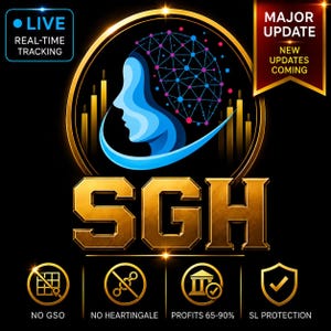 May include: A digital graphic featuring a blue human head silhouette with a brain network design, centered above gold SGH lettering. Text includes LIVE REAL-TIME TRACKING, MAJOR UPDATE, NO GSO, NO HEARTINGALE, PROFITS 65-90%, and SL PROTECTION.