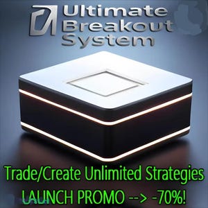 May include: A square, black and white electronic device with a glowing light strip around its center. The text "Ultimate Breakout System" appears at the top, and "Trade/Create Unlimited Strategies" with "LAUNCH PROMO --> -70%!" at the bottom.