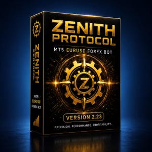 May include: A black rectangular software box with gold lettering and a central gear emblem. The text reads ZENITH PROTOCOL, MT5 EURUSD FOREX BOT, VERSION 2.23, and PRECISION. PERFORMANCE. PROFITABILITY. The side panel repeats the product name.