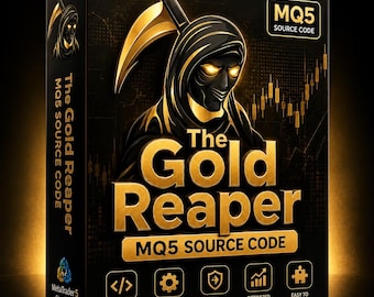 May include: A black rectangular software box featuring a gold reaper illustration with glowing eyes. The text reads The Gold Reaper, MQ5 SOURCE CODE, and MetaTrader 5 Compatible. Icons represent full source code, customization, and risk management.