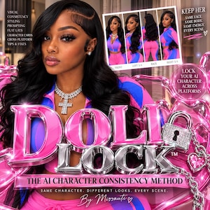 May include: A digital graphic titled DOLI LOCK featuring a person with long dark hair wearing a pink and blue athletic set and a silver cross necklace. The image includes text, a padlock icon, and a four-panel view of the character.
