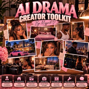 May include: The AI Drama Creator Toolkit by Mizzanti features a collage of images including a pink car, a bedroom, and people, with icons for Doll Lab, Scene Keeper, Acting Vault, Shot Wall, B-Roll Rescue, Fix the Scene, and Cliffhanger Plug.