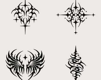 May include: A set of four black graphic designs on a light background. The top left is a heart-shaped tribal motif, the top right is a symmetrical star-like emblem, the bottom left features wing-like shapes, and the bottom right is an elongated vertical pattern.