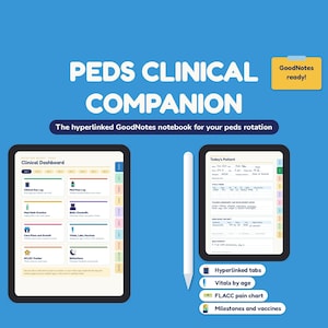 Puede incluir: Un cuaderno digital Peds Clinical Companion para GoodNotes sobre fondo azul. Incluye un panel clínico con pestañas con hipervínculos, un registro de pacientes, un lápiz óptico y etiquetas para signos vitales y vacunas.