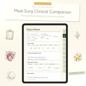 Puede incluir: Una tableta digital que muestra una página de cuaderno Med-Surg Clinical Companion con campos para datos del paciente, tendencias de signos vitales, notas de evaluación y registros de medicamentos. Incluye pestañas de navegación y pegatinas decorativas.