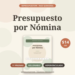 Può includere: Un pianificatore di budget digitale intitolato Presupuesto por Nómina con sfondo beige e cerchi verde tenue e marrone chiaro. Il documento presenta sezioni per entrate, uscite e risparmi, con un layout di 11 pagine.