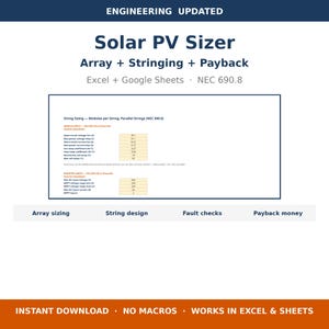 Solar Panel Calculator Spreadsheet | Rooftop PV Array String Sizing Payback Estimator | Excel + Google Sheets