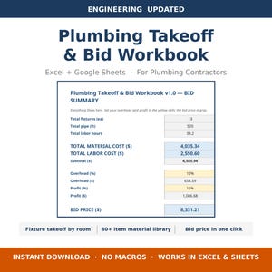 Plumbing Estimating Spreadsheet | Takeoff and Bid Workbook for Plumbers | Excel + Google Sheets