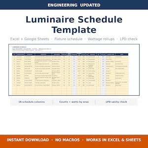 Luminaire Schedule Template Excel Fixture Schedule Lighting Load Rollup LPD Check Electrical Submittal Spreadsheet