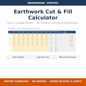 May include: A digital Earthwork Cut & Fill Calculator spreadsheet for Excel and Google Sheets. The interface displays a grid method table with columns for existing and proposed elevations, cut and fill depths, and volume calculations.