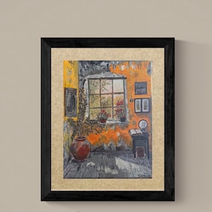 Puede incluir: Una pintura enmarcada muestra una habitación interior con paredes naranjas y una ventana con vistas al exterior. Una maceta de terracota con una planta se sitúa en el suelo, y una mesa pequeña sostiene un libro abierto. Marco de color negro.