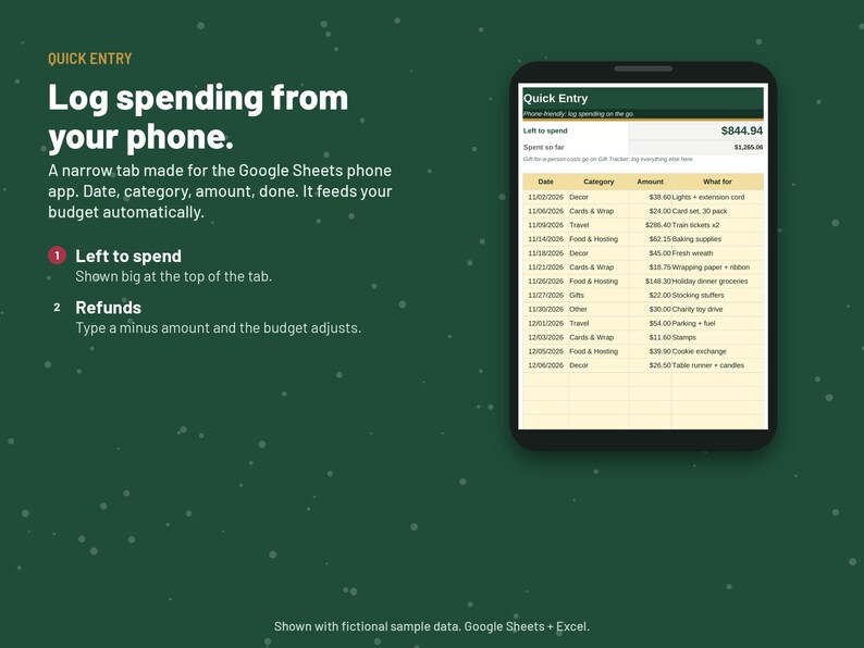 May include: A digital spreadsheet template for mobile devices displayed on a smartphone screen. The interface features a Quick Entry tab for tracking expenses, including columns for date, category, amount, and description, with a total left to spend.