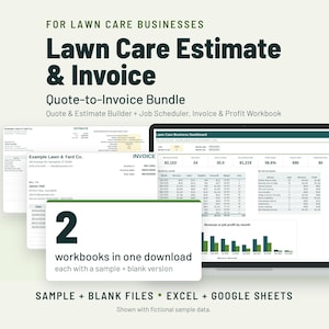 May include: A digital lawn care estimate and invoice bundle for businesses, featuring a laptop displaying a business dashboard, alongside sample invoice and estimate documents. Text includes "2 workbooks in one download" and "Sample + Blank Files".