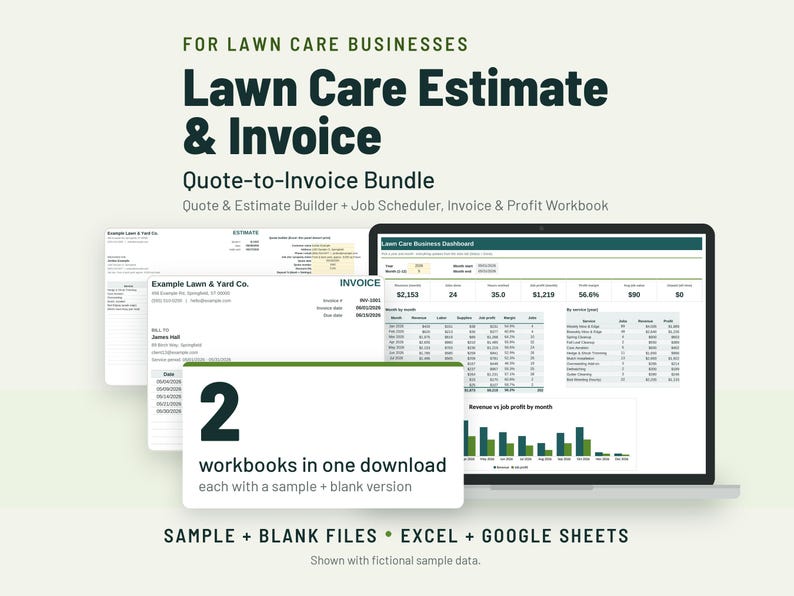 May include: A digital lawn care estimate and invoice bundle for businesses, featuring a laptop displaying a business dashboard, alongside sample invoice and estimate documents. Text includes "2 workbooks in one download" and "Sample + Blank Files".