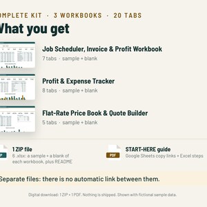 May include: A digital kit containing three workbooks with 20 tabs total: Job Scheduler, Invoice & Profit Workbook, Profit & Expense Tracker, and Flat-Rate Price Book & Quote Builder. Includes one ZIP file with .xlsx files and a PDF start-here guide.