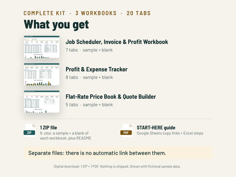 May include: A digital kit containing three workbooks with 20 tabs total: Job Scheduler, Invoice & Profit Workbook, Profit & Expense Tracker, and Flat-Rate Price Book & Quote Builder. Includes one ZIP file with .xlsx files and a PDF start-here guide.