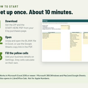 May include: An instructional graphic titled HOW TO START Set up once. About 10 minutes. It lists three steps: 1 Download, 2 Open, and 3 Fill the yellow cells. A screenshot of a spreadsheet settings page is shown with income and expense categories.