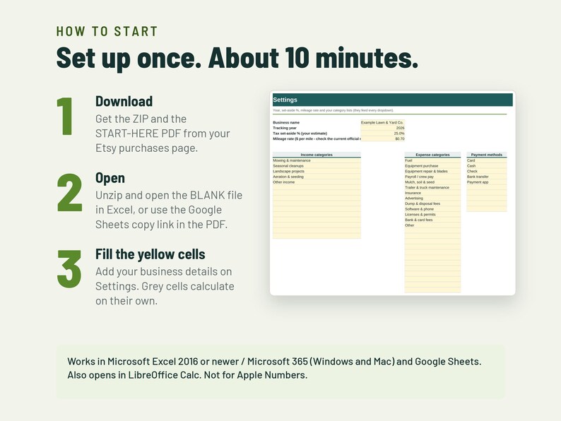 May include: An instructional graphic titled HOW TO START Set up once. About 10 minutes. It lists three steps: 1 Download, 2 Open, and 3 Fill the yellow cells. A screenshot of a spreadsheet settings page is shown with income and expense categories.
