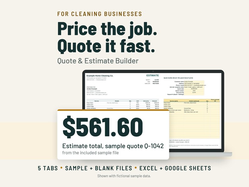 Cleaning Estimate Template | Cleaning Business Quote Form, Price List, Quote Tracker | Google Sheets + Excel image 1