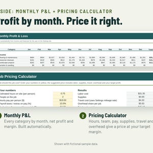 May include: A digital spreadsheet template featuring a Monthly Profit & Loss table and a Job Pricing Calculator. The text reads: INSIDE: MONTHLY P&L + PRICING CALCULATOR, Profit by month. Price it right. Includes sections for income, job costs, and results.