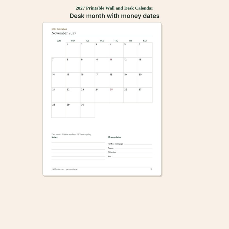 May include: A printable wall and desk calendar page for November 2027. The layout features a grid for the month, a section for notes, and a specific area labeled Money dates for tracking rent or mortgage, payday, gifts due, and bills.