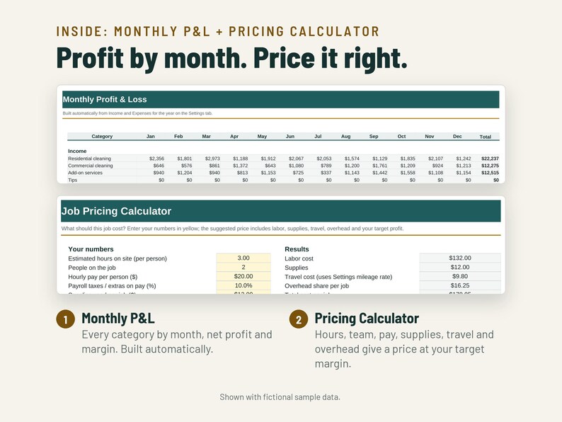 Cleaning Business Expenses Spreadsheet and Profit Tracker | Monthly P&L, Pricing Calculator | Google Sheets + Excel image 4