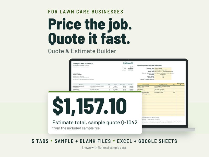 Lawn Care Estimate Template | Landscaping Estimate Form, Per Sq Ft Pricing | Google Sheets + Excel image 1