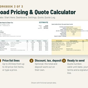 Puede incluir: Un libro de trabajo digital titulado Load Pricing & Quote Calculator, libro 3 de 3. Incluye cinco pesta&ntilde;as: Start Here, Dashboard, Settings, Quote y Quote Log. La pantalla muestra un documento de estimaci&oacute;n de muestra con columnas para servicio, detalles, cantidad, unidad, precio unitario y monto.