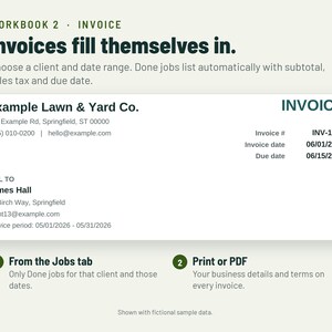 May include: A digital invoice template titled Workbook 2 Invoice. It displays Example Lawn & Yard Co. details, bill to information for James Hall, invoice number INV-1001, and dates. Text includes Invoices fill themselves in and instructions.