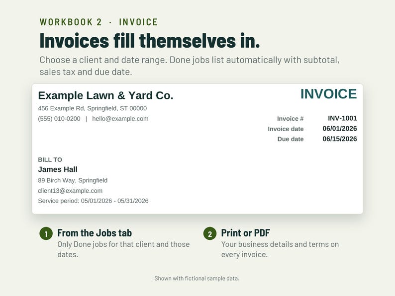 May include: A digital invoice template titled Workbook 2 Invoice. It displays Example Lawn & Yard Co. details, bill to information for James Hall, invoice number INV-1001, and dates. Text includes Invoices fill themselves in and instructions.