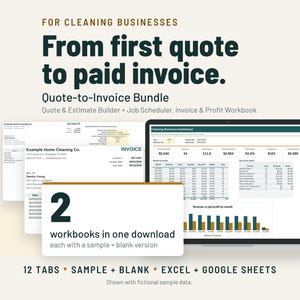May include: A digital bundle for cleaning businesses featuring a quote-to-invoice workbook, job scheduler, and profit tracker. The display shows a laptop with a dashboard, invoice templates, and the text 2 workbooks in one download.