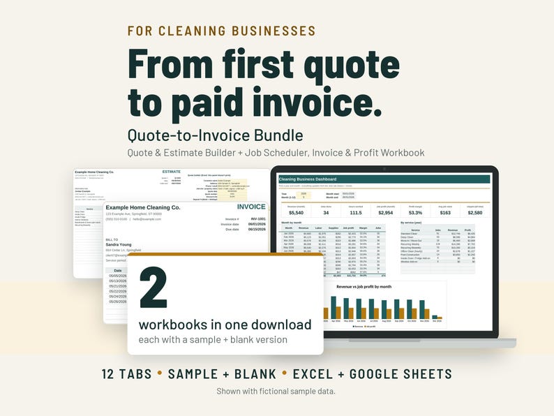 May include: A digital bundle for cleaning businesses featuring a quote-to-invoice workbook, job scheduler, and profit tracker. The display shows a laptop with a dashboard, invoice templates, and the text 2 workbooks in one download.