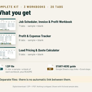 Puede incluir: Un kit digital que contiene tres libros de trabajo con 20 pesta&ntilde;as en total: Job Scheduler, Invoice & Profit Workbook, Profit & Expense Tracker y Load Pricing & Quote Calculator. Incluye un archivo ZIP con archivos .xlsx y una gu&iacute;a PDF.