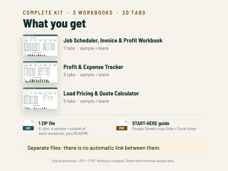 Puede incluir: Un kit digital que contiene tres libros de trabajo con 20 pesta&ntilde;as en total: Job Scheduler, Invoice & Profit Workbook, Profit & Expense Tracker y Load Pricing & Quote Calculator. Incluye un archivo ZIP con archivos .xlsx y una gu&iacute;a PDF.