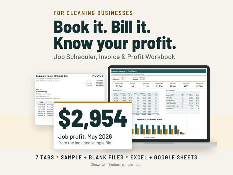 Cleaning Invoice Template and Job Scheduler | Cleaning Business Spreadsheet, Client Tracker | Google Sheets + Excel image 1